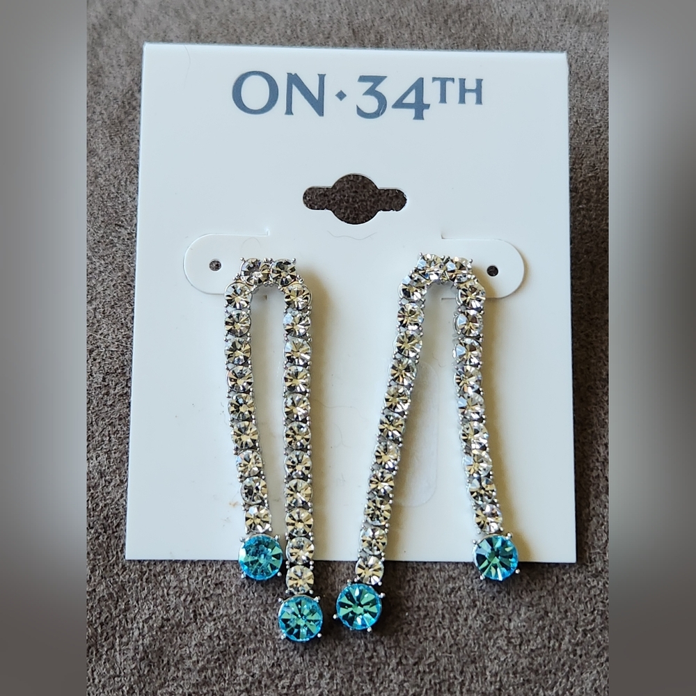 On 34th Dangle Drop Earrings Clear Stones Blue NWT